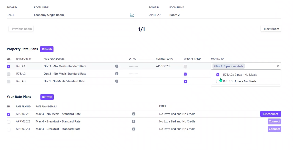 Link child rate plans dropdown
